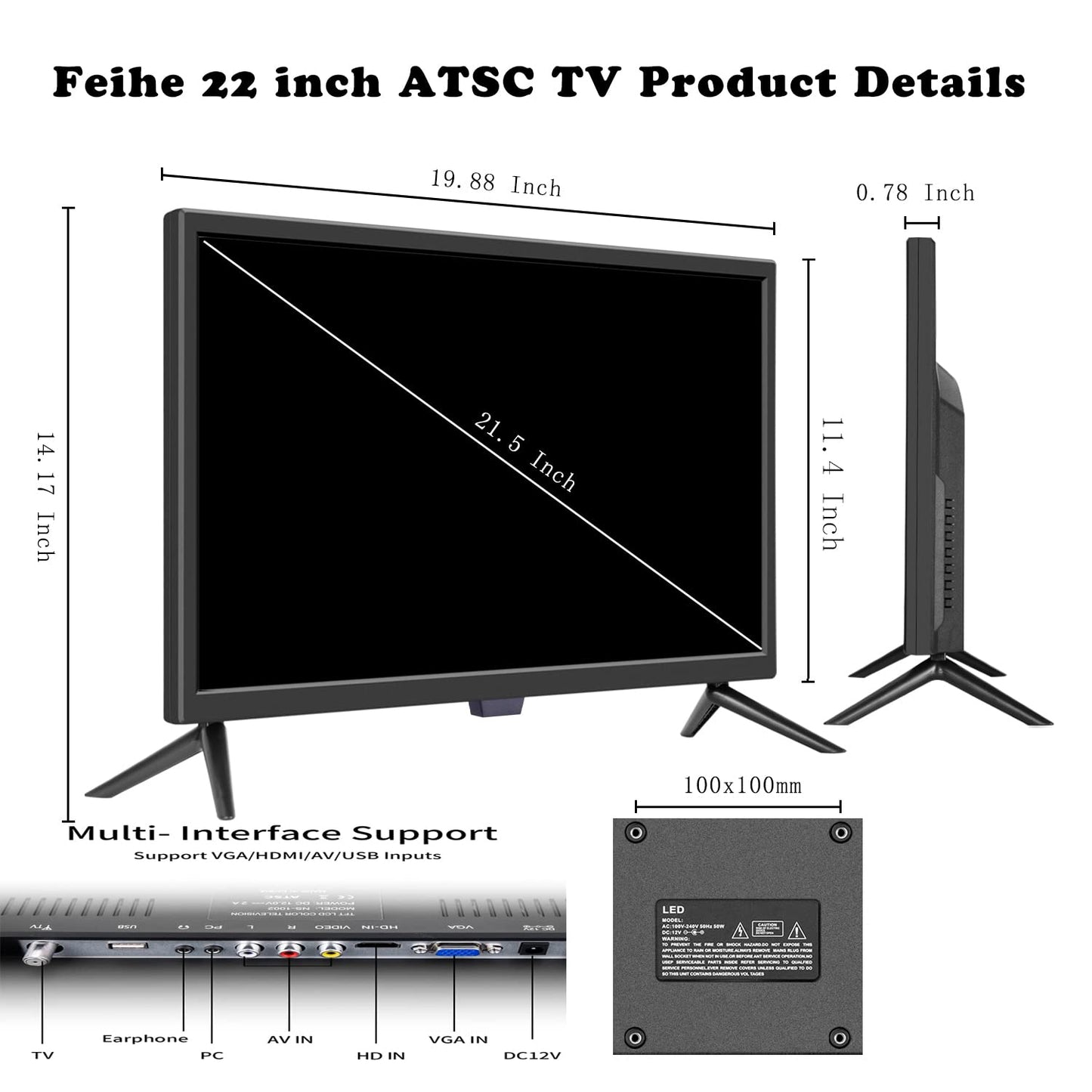 Feihe 22 Inch TV, FHD LED Flat Screen TV 1080p IPS Display w/Digital Dual Tuners ATSC/HDMI/VGA/AV/USB Suitable for Kitchen/RV/Caravan and Boat(2022 Model)