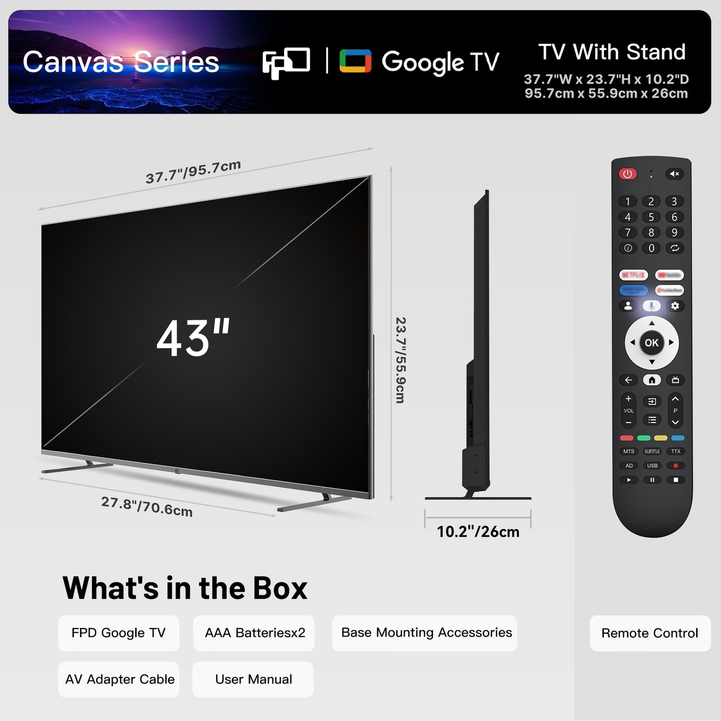 FPD 43 Inch Smart TV 4K UHD LED Flat Screen Google TV with Google Cast, Bluetooth, HDMI, Streaming Live, HDR 10, Dolby Vision, Ultra Slim Television(Canvas-Series, CG43-C3, 2025)