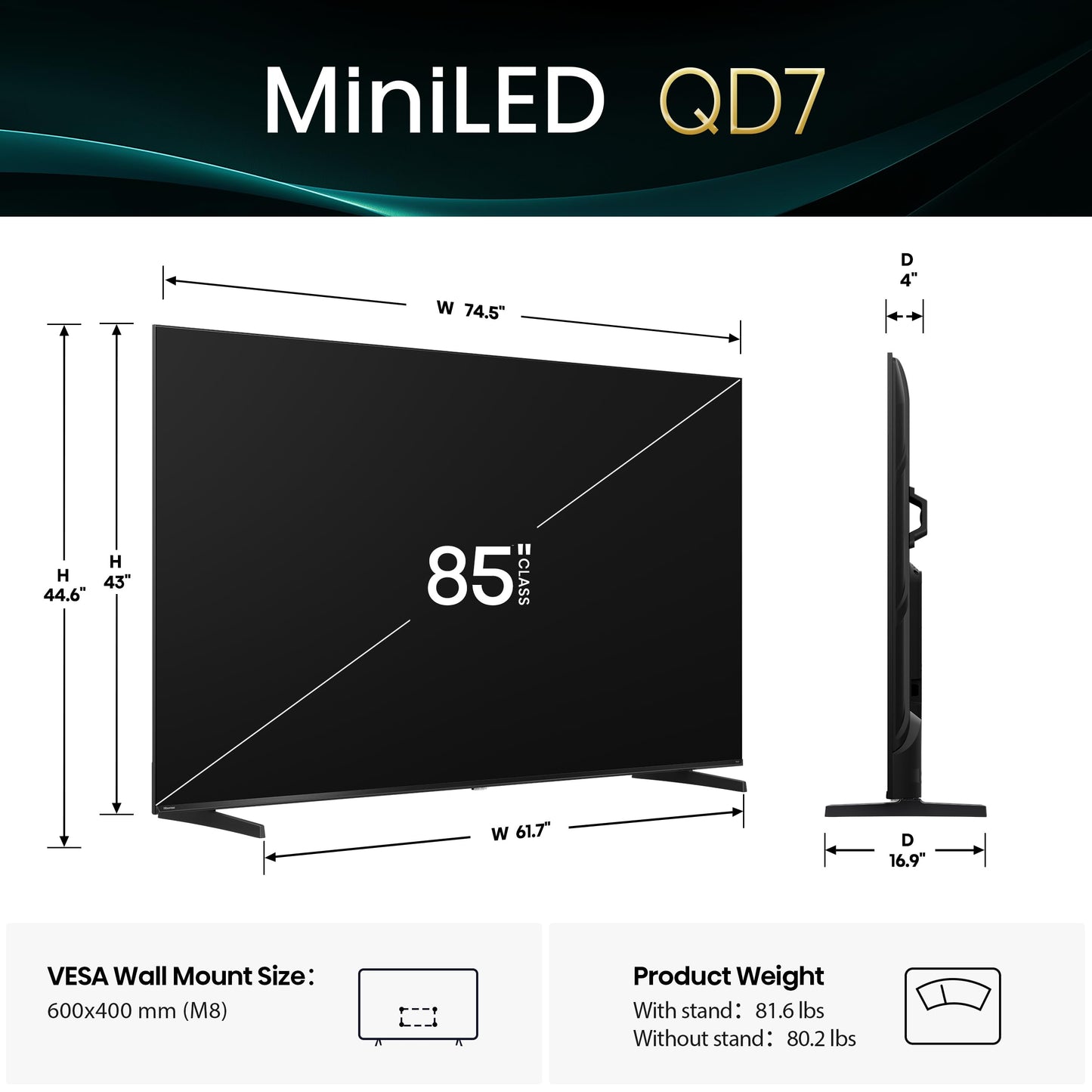 Hisense 55" Class QD7 Series Mini-LED 4K UHD Smart Fire TV (55QD7QF, 2025 Model) - QLED, HDR10+, Dolby Vision, Dolby Atmos, Game Mode Plus, ALLM, Alexa Built in with Voice Remote, Streaming TV, Black