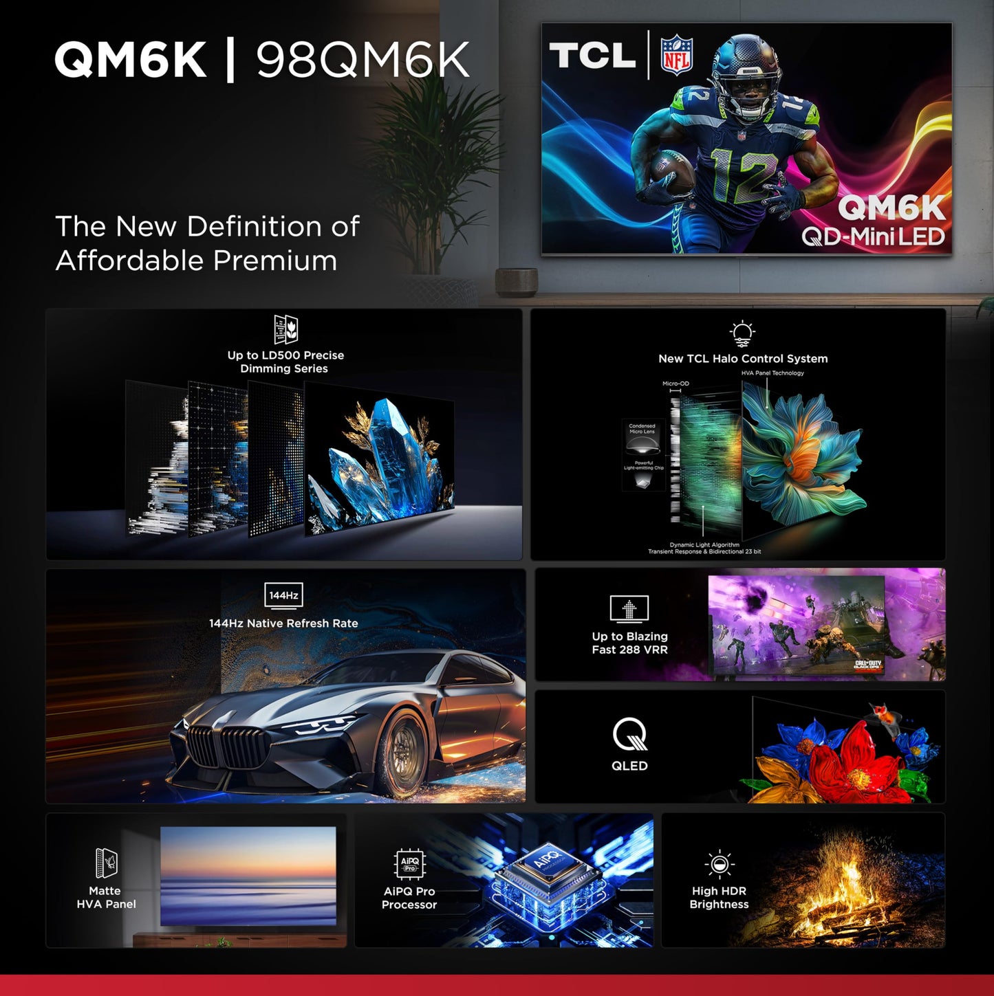 TCL 75-Inch Class QM6K Series QD-Mini LED 4K UHD Google Smart TV Best Value Mini-LED TV - QLED, 144hz, 288hz Gaming Rate, High Contrast Screen, Onkyo Audio, Dolby Atmos (75QM6K, 2025 Model)