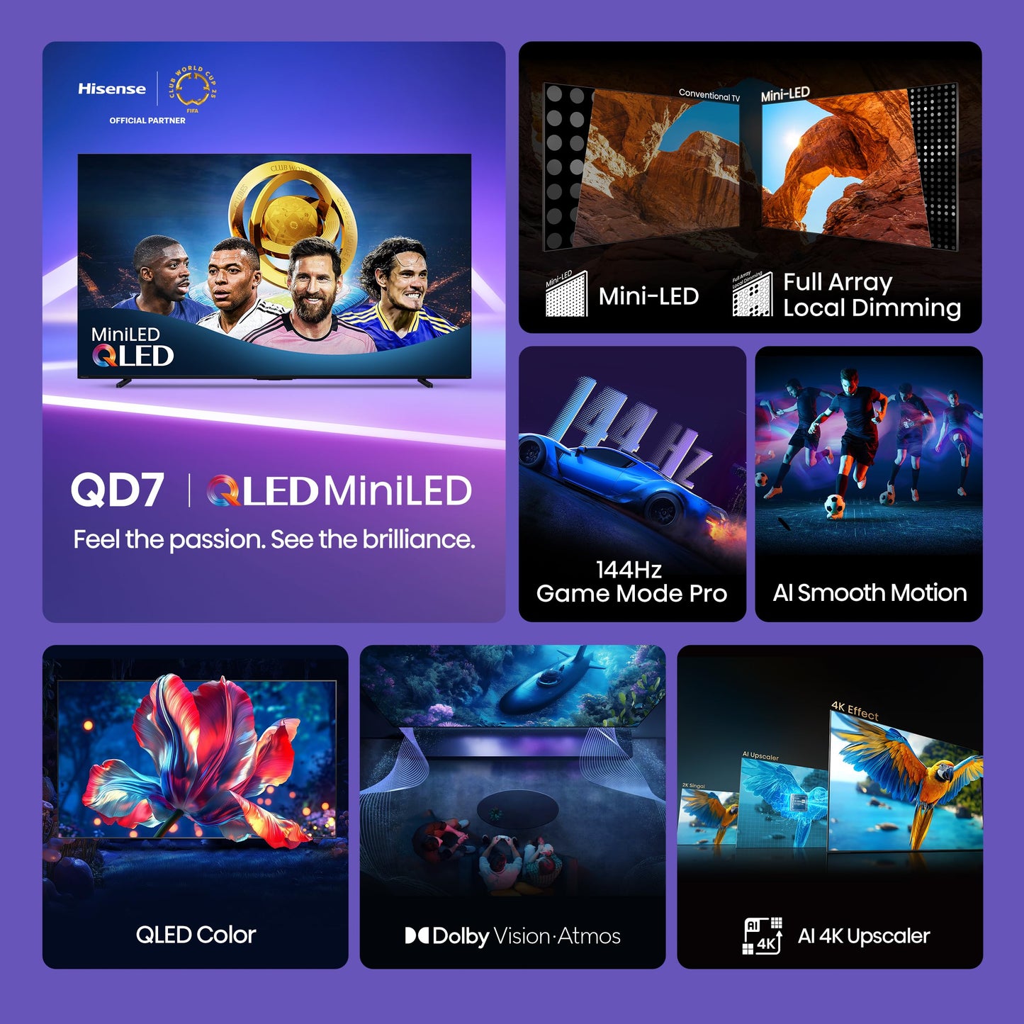 Hisense 55" Class QD7 Series Mini-LED 4K UHD Smart Fire TV (55QD7QF, 2025 Model) - QLED, HDR10+, Dolby Vision, Dolby Atmos, Game Mode Plus, ALLM, Alexa Built in with Voice Remote, Streaming TV, Black