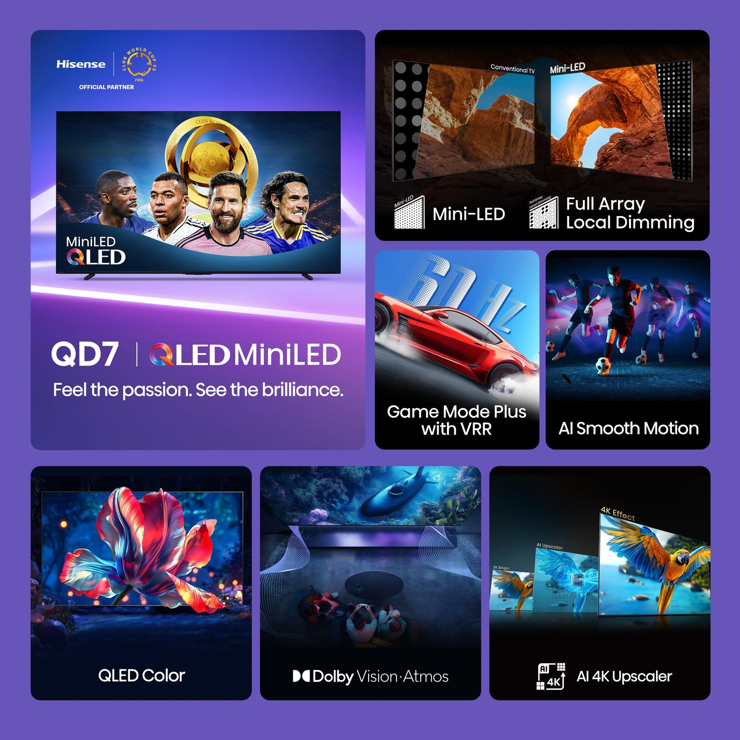 Hisense 55" Class QD7 Series Mini-LED 4K UHD Smart Fire TV (55QD7QF, 2025 Model) - QLED, HDR10+, Dolby Vision, Dolby Atmos, Game Mode Plus, ALLM, Alexa Built in with Voice Remote, Streaming TV, Black