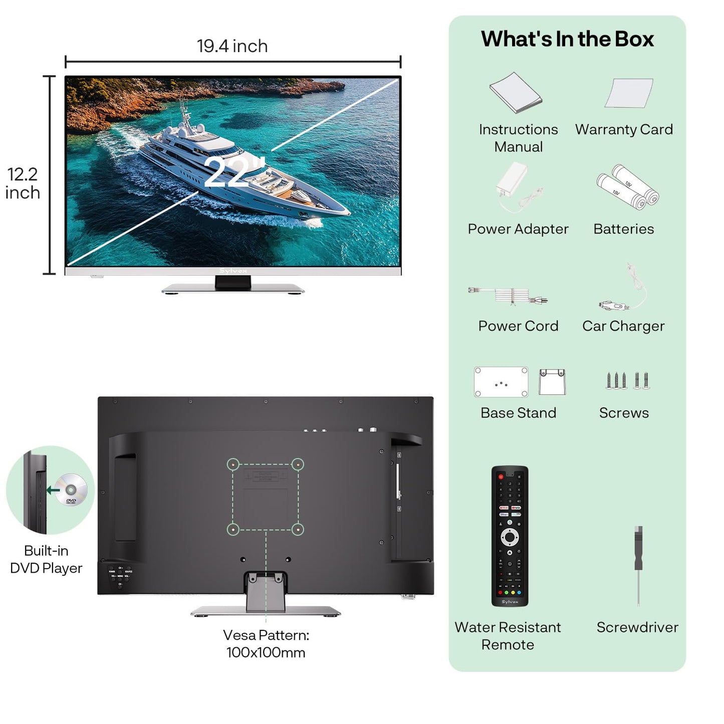 SYLVOX 12 Volt TV, 22" Smart RV TV w/DVD Player | 1080P Full HD, Wide Viewing Angle, ATSC Tuner, HDMI & USB, AC/DC Powered for RV, Boat, Yacht, Beach House, or Home