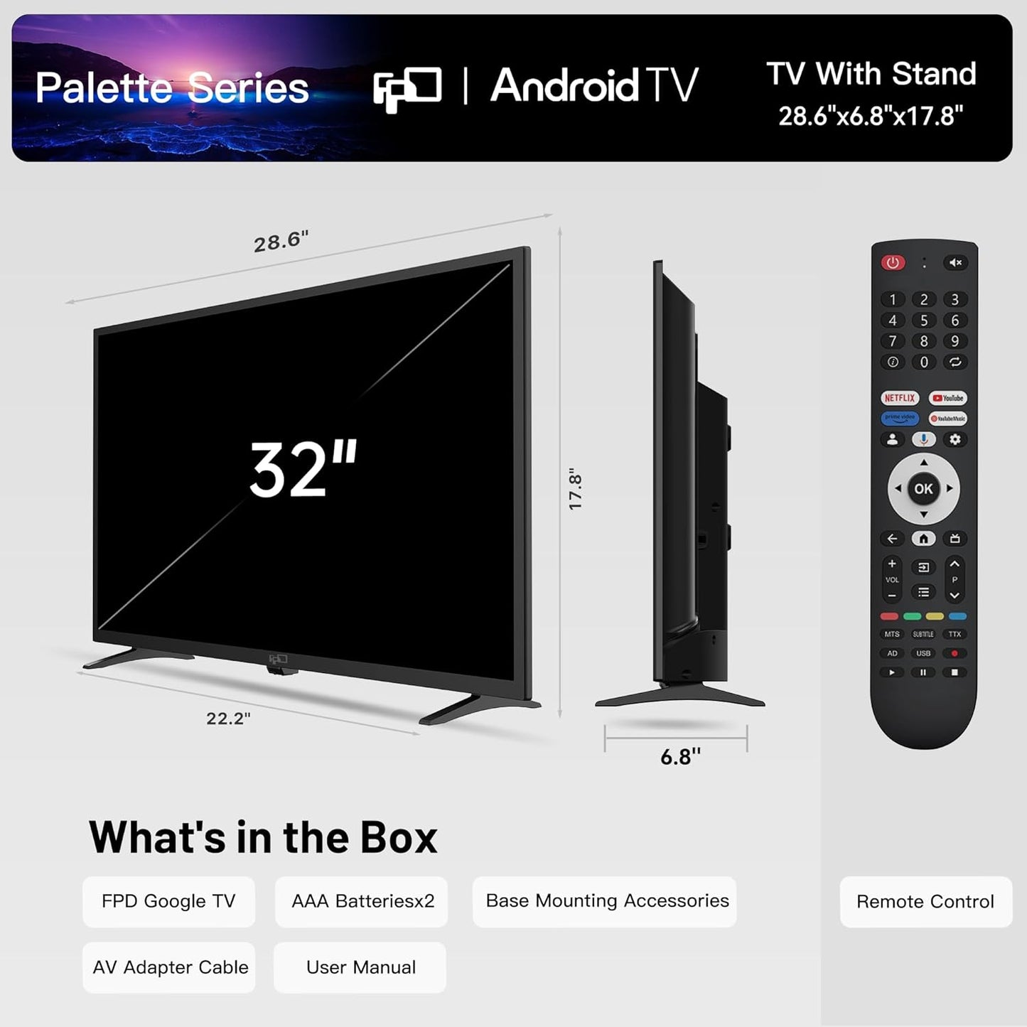 FPD 32 Inch Smart TV 720p HD Flat Screen Television (P-Series) with Google Play, Small LED Tvs for Living Room, Google Cast Built-in, Thin Streaming Live Android TV with WiFi, Bluetooth (2025 Model)