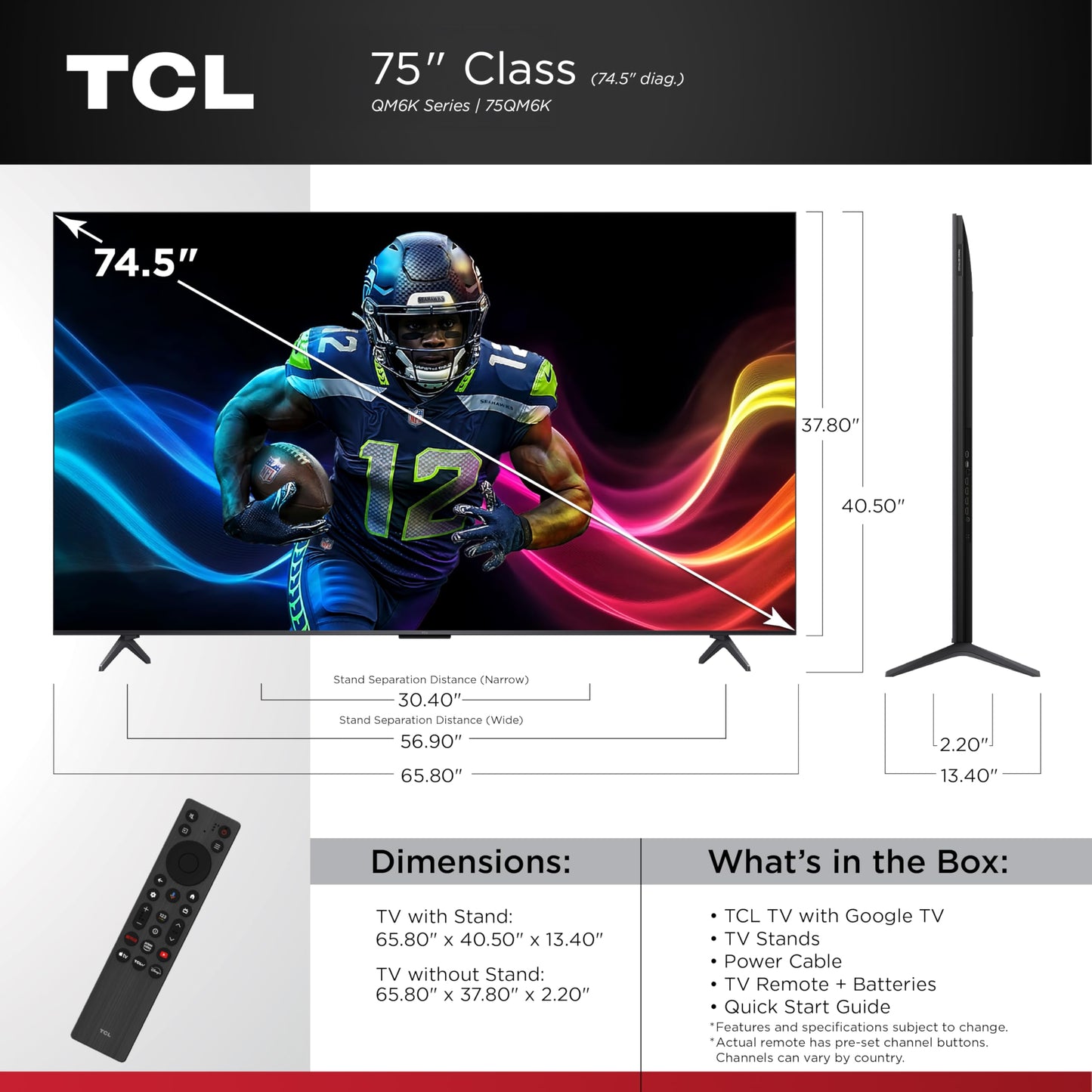 TCL 75-Inch Class QM6K Series QD-Mini LED 4K UHD Google Smart TV Best Value Mini-LED TV - QLED, 144hz, 288hz Gaming Rate, High Contrast Screen, Onkyo Audio, Dolby Atmos (75QM6K, 2025 Model)
